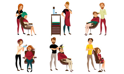 Different men and women get their hair cut at the hairdresser. Vector illustration.