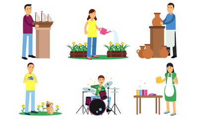 Men and women for different types of hobbies. Vector illustration.