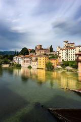 Fototapeta na wymiar Bassano del Grappa town and the river Brenta photographed from the bridge of the Alpini, Vicenza province, Veneto, Italy, Europe