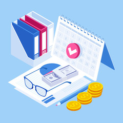 Isometric planning business task schedules for the week. Online business schedule, planning schedule, news, reminder, and events concept.