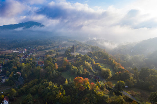 Aerial early morning view of Sovata town in autumn, Romania.