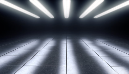 Dark empty room with reflective tiles floor and lights. 3d rendering