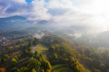 Fototapeta premium Aerial early morning view of Sovata town in autumn, Romania.