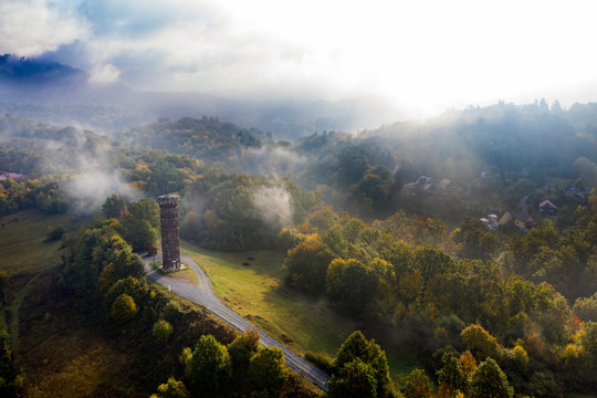Aerial early morning view of Sovata town in autumn, Romania.