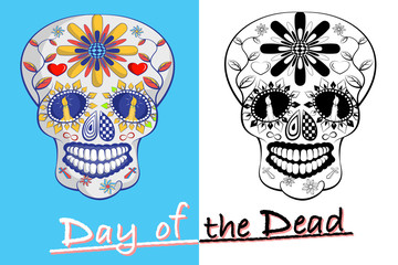 Day of the dead, Mexican sugar skull on blue and white background.
