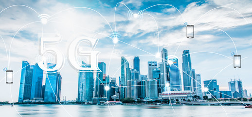 5 G and smart city skyscrapers in the background