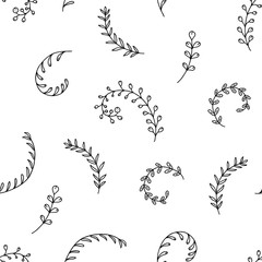 Seamless botanical pattern with curved springs. Outline hand drawn elements on white background. Graphic vector illustration for textile and paper. Cartoon cute stick of houseplants