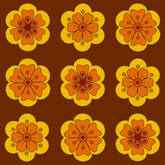 Abstract illustration on orange backdrop. Vintage vector botanical illustration. Floral wallpaper. Textile design texture. Summer bright background. Seamless leaf pattern. Spring floral background.