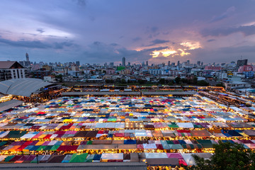 Bangkok, Thailand - June 17, 2019: Night view of the Train Night Market Ratchada. Train Night market at Bangkok, Thailand