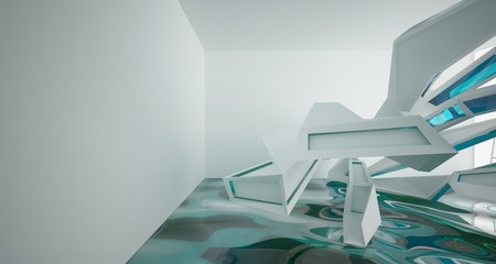 Abstract white interior with water and window. 3D illustration and rendering.