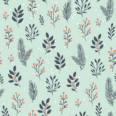 Winter branches and snow vector pattern. Seamless floral background with winter branches and leaves. Hand drawn floral elements. Vintage botanical illustrations. 