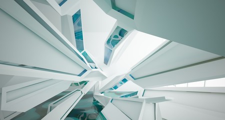 Abstract white interior with water and window. 3D illustration and rendering.