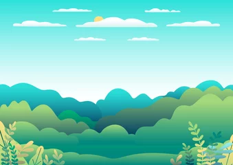 Foto op Plexiglas Heuvels en bergenlandschap in vlak stijlontwerp. Vallei achtergrond panorama platteland illustratie. Prachtig groen veld, weide, bergen en blauwe lucht en zon. Landelijke locatie, cartoon vector b © cosveta