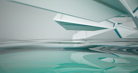 Abstract white interior with water and window. 3D illustration and rendering.