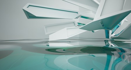 Abstract white interior with water and window. 3D illustration and rendering.