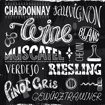 Vintage Decorative Titles Different Sort of Wine in a Chalk Drawn Style