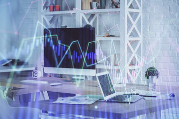 Forex market chart hologram and personal computer background. Multi exposure. Concept of investment.