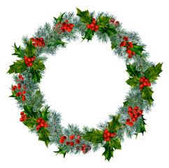 Christmas wreath with holly, red berries, thuja and spruce branches hand drawn in watercolor isolated on a white background. Ideal for invitations, frames, post cards and greeting cards. © Tatiana
