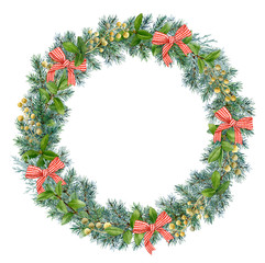 Fototapeta na wymiar Christmas wreath with gold berries, green leafed branches and spruce branches, decorated with bows hand drawn in watercolor isolated on a white background. Ideal for invitations, frames,greeting cards