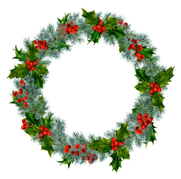 Christmas wreath with holly, red berries, thuja and spruce branches hand drawn in watercolor isolated on a white background. Ideal for invitations, frames, post cards and greeting cards.
