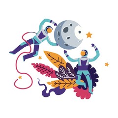 Astronauts wearing spacesuits floating in space with moon and stars