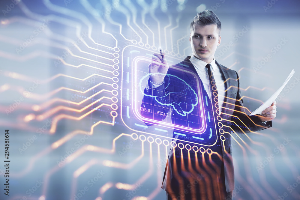Aufkleber man and brain icon hologram. double exposure. concept of data development