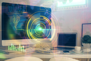 Technology theme drawing and work space with computer. Multi exposure. Concept of innovation.