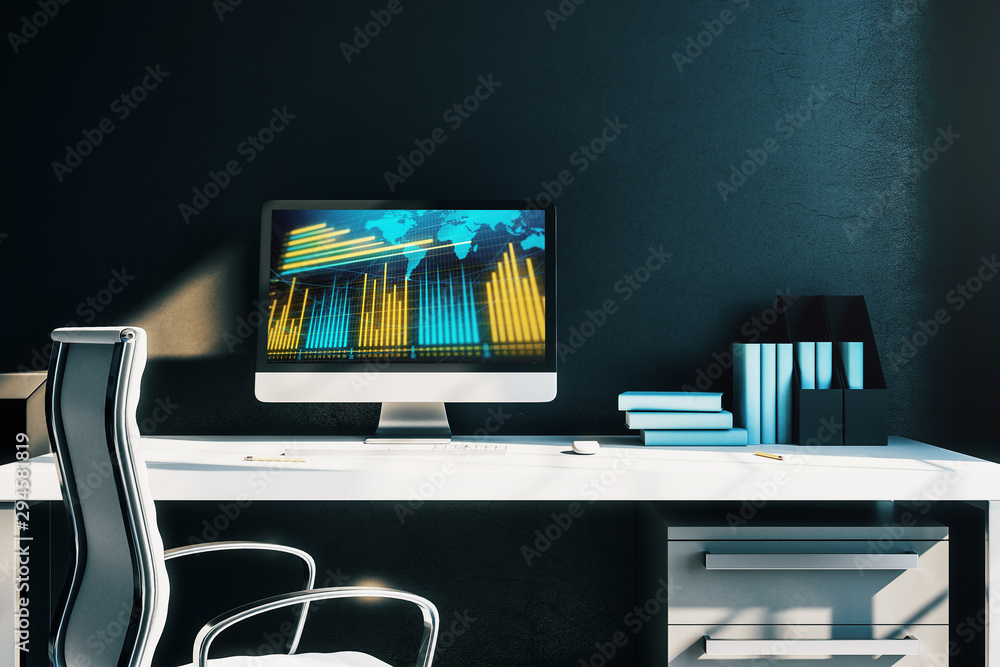 Poster cabinet desktop interior with financial charts and world map on computer screen. concept of internat
