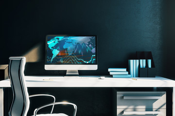 Cabinet desktop interior with financial charts and world map on computer screen. Concept of international market analysis and trading. 3d rendering.