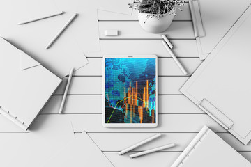 Digital tablet closeup top view with financial graph and partial world map on screen. Online international trading application concept. 3d rendering.
