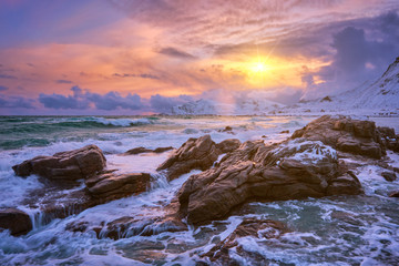 Norwegian Sea waves on rocky coast of Lofoten islands, Norway