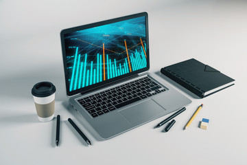 Laptop closeup with forex graph on computer screen. Financial trading and education concept. 3d rendering.