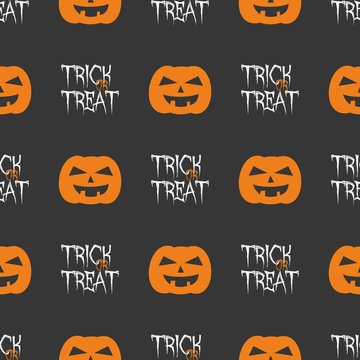 Halloween tile vector pattern with orange pumpkin and trick or treat on black background