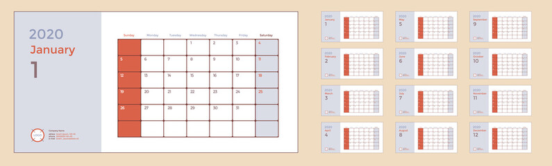Wall or Desk Monthly Calendar for Year 2020. Vector Design Template with Space for Notes and Corporate elements. Business planner Set of 12 Months. Week starts Sunday