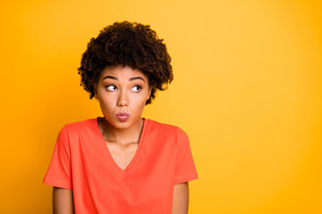 Copyspace photo of charming cute nice pretty girlfriend hesitating to ask something wearing t-shirt isolated over yellow vivid color background