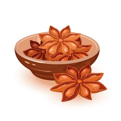 Dry star anise seeds or badian are in ceramic bowl. Natural condiment, asian spice using in cooking and as oil in cosmetics, perfumery. Vector cartoon illustration isolated on white background.