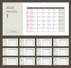 Wall or Desk Monthly Calendar for Year 2020. Vector Design Template with Space for Notes and Corporate elements. Business planner Set of 12 Months. Week starts Sunday