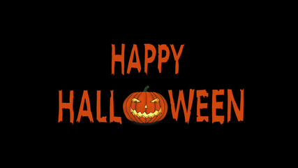 Happy Halloween Text with spooky grinning Pumpkin on Black Background