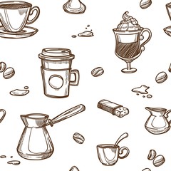 Coffee shop various coffee beverages hand drawn sketch