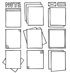 Bullet journal hand drawn vector frames for notebook, diary and planner. Set of sketch stickers, different note papers. Doodle banners isolated on white background.