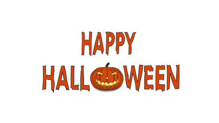 Happy Halloween Text with spooky grinning Pumpkin on White Background
