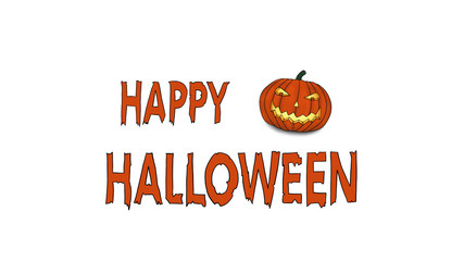 Happy Halloween Text with spooky grinning Pumpkin on White Background