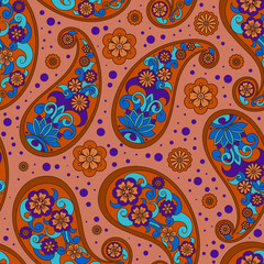 Vintage seamless pattern. vector paisley print. Traditional ethnic ornament. Asian motifs for fashion, interior, cover, textile, wrapping, scrapbook, background. Boho style, 60s, hippie