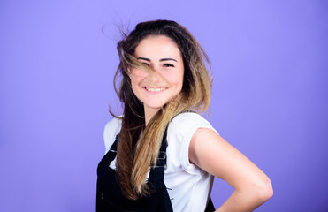 Hair crimping method styling hair becomes wavy zigzag fashion. Popular look. Woman smiling face...