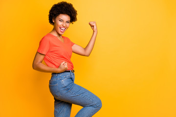 Copyspace photo of trendy rejoicing ecstatic overjoyed black girlfriend wearing t-shirt jeans denim...