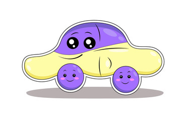 Smiling funny cartoon toy car sticker with big eyes. Flat vector kawaii auto transport.