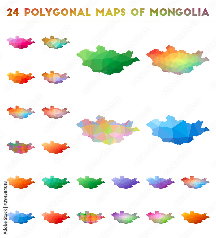 Poster set of vector polygonal maps of mongolia. bright gradient map of country in low poly style. multicol