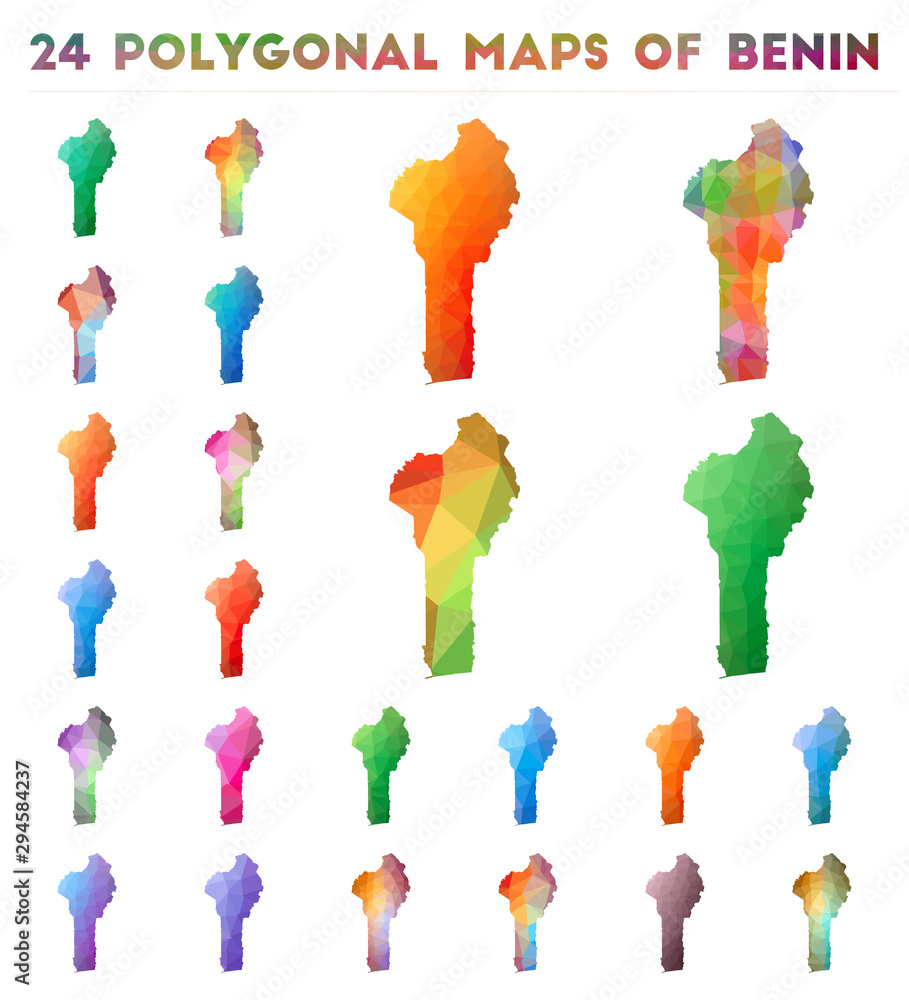 Poster set of vector polygonal maps of benin. bright gradient map of the country in low poly style. multico