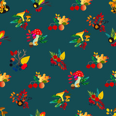 Autumn seamless pattern with berries, acorns, pine cone, mushrooms, branches and leaves.