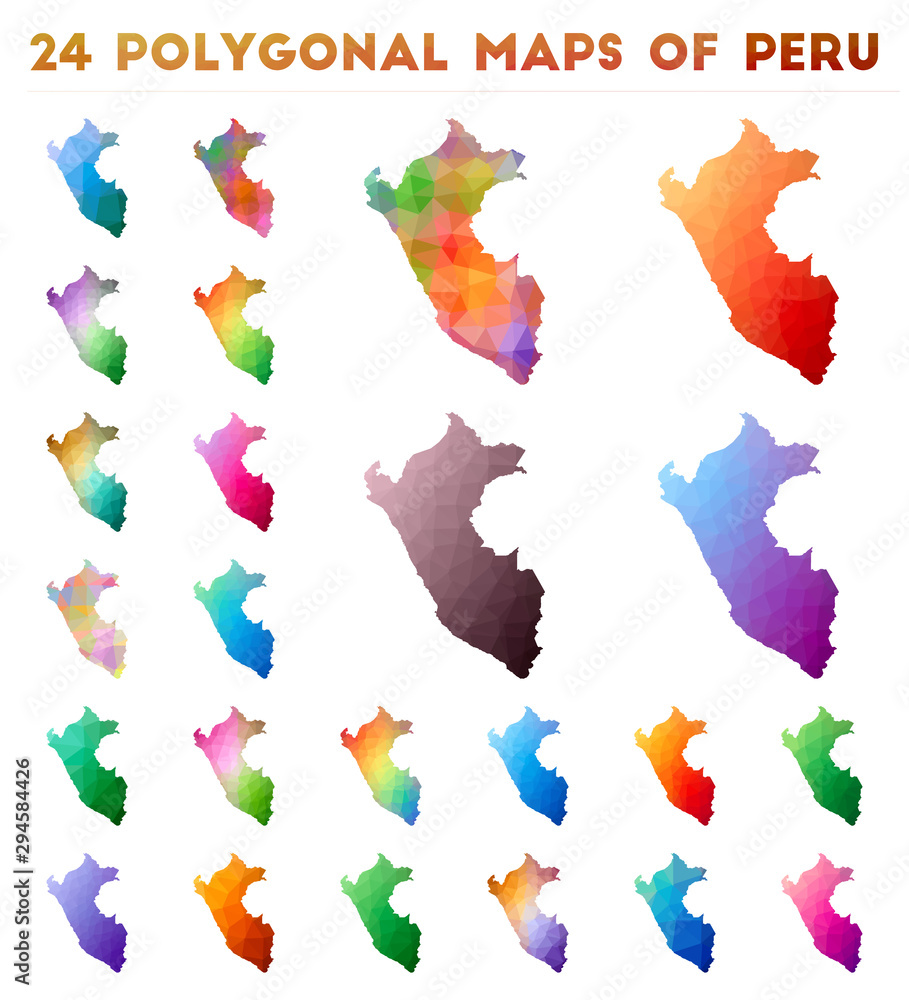 Poster set of vector polygonal maps of peru. bright gradient map of country in low poly style. multicolored